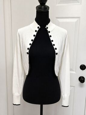 New Fashion White Black Trim Button Bolero Shrug Cardigan Small